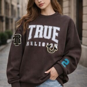True Religion Boyfriend Popover Women's Brown Logo Sweatshirt XL Cozy Streetwear